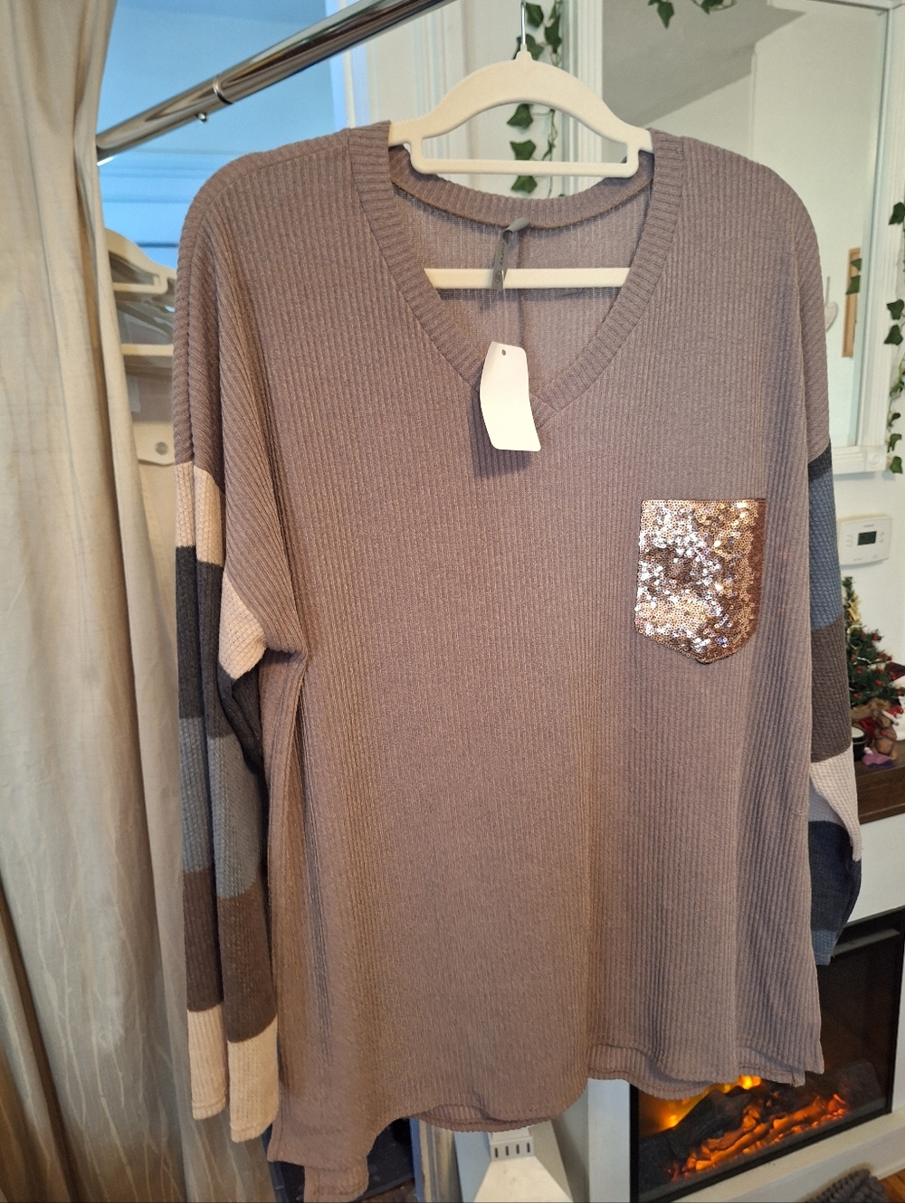 Long Sleeve Top With Sequin Pocket And Striped Sleeves